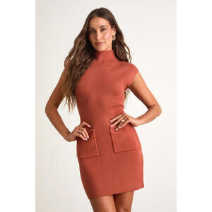 Lulus Joana Rust Orange Ribbed Mock Neck Sweater Mini Dress - Size S
